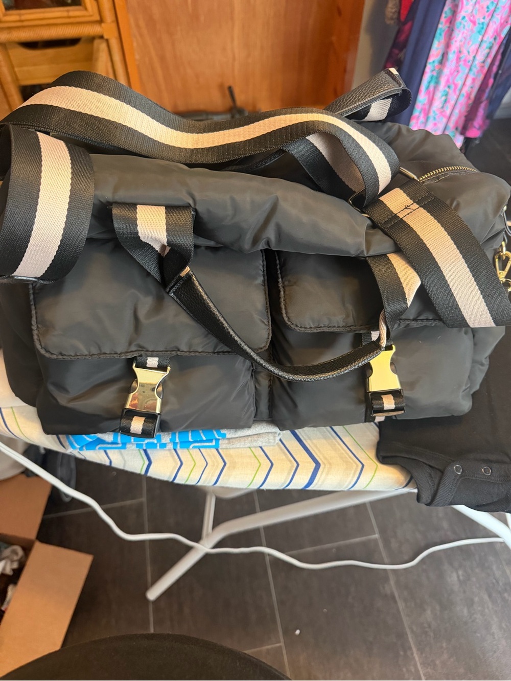 Black Quilted Nylon Shoulder Bag with Striped Strap